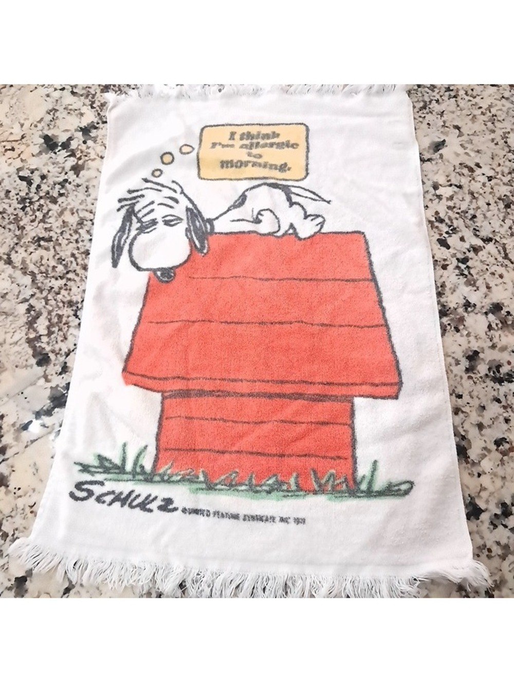 Vintage Snoopy Peanuts hand towel fringe on dog house Mornings Tastemakers 1971